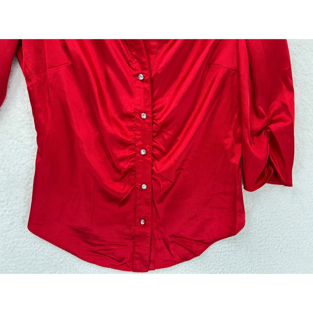 NEW Vertigo Paris Garnet Red Satin Ruched Button Up Blouse VT30285 Womens Medium - Picture 6 of 12